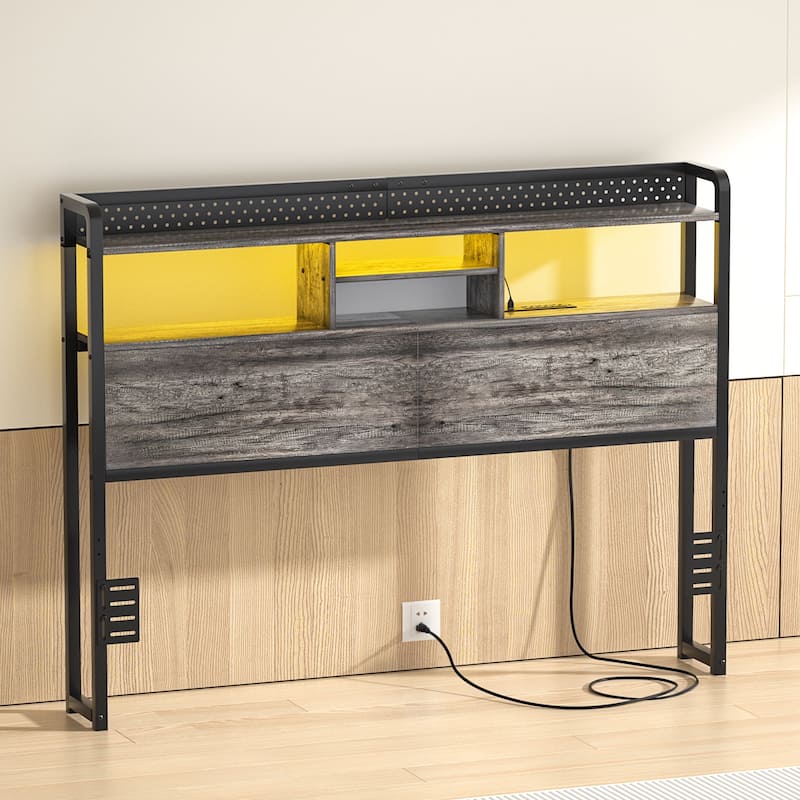 Bed Headboard with Storage Shelf and Charge Station, Height Adjustable Headboard with LED Light - Grey Oak - Queen
