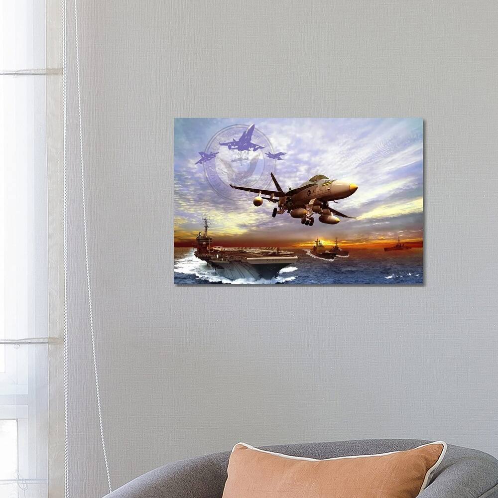 iCanvas "F/A-18 Hornet Taking Off From A US Navy Aircraft Carrier" by Kurt Miller Canvas Print
