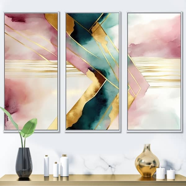 slide 2 of 19, Designart "Abstract Geode Geometric Pink And Green III" Modern Geometric Framed Canvas Art Print - 3 Panels 36 in. wide x 28 in. high - 3 Panels - White