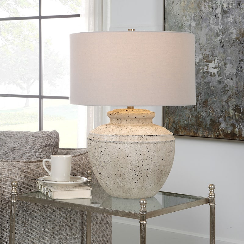 Distressed Stone Table Lamp with Drum Shade - 24.5" - White