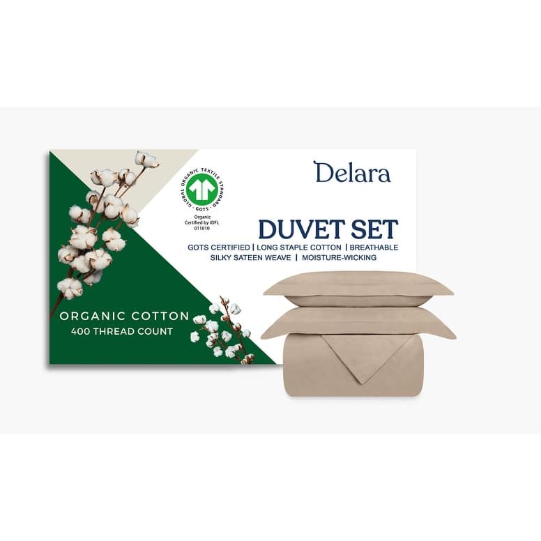 Delara GOTS Certified 100% Organic Cotton Duvet Cover Set 400TC, Long Staple Cotton, Moisture-Wicking, Smooth & Breathable