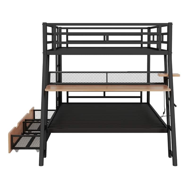 Metal Full Size Bunk Bed with Built-in Desk, Light and 2 Drawers