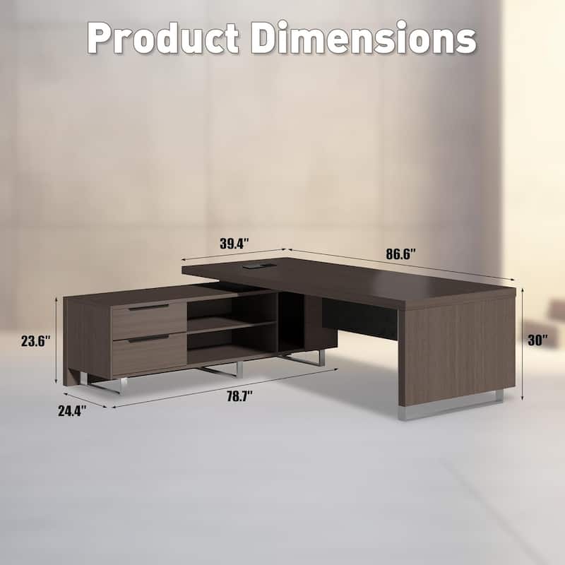 86 inch L-Shaped Executive Desk with USB Outlet File Storage Shelves