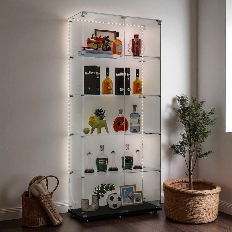 Tall Tempered Glass Storage Cabinet with Remote App LED Strip, Locking Door, Easy-Move Casters, Wine & File Display Case