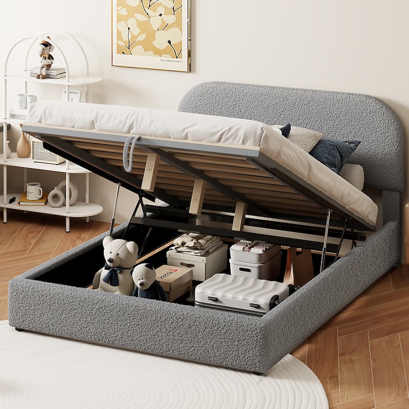 Full Size Gray Teddy Fleece Upholstered Platform Bed with Hydraulic Storage System Durable MDF Frame