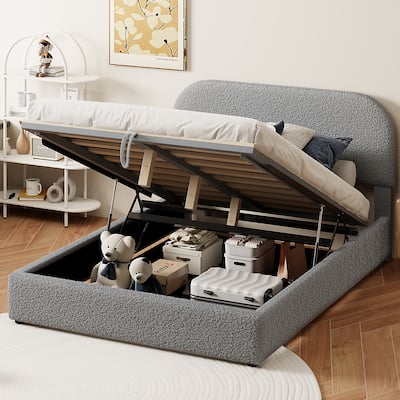 Full Teddy Fleece Platform Bed with Hydraulic Storage, Curved Design Headboard and Footboard, Sturdy MDF Frame