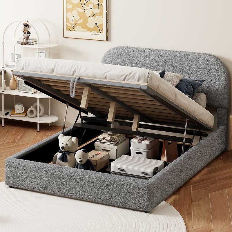Lift Up Storage Platform Bed Frame, Teddy Fleece Low Profile Bed Hydraulic Storage System, Curved Headboard, Wood Panel Bed