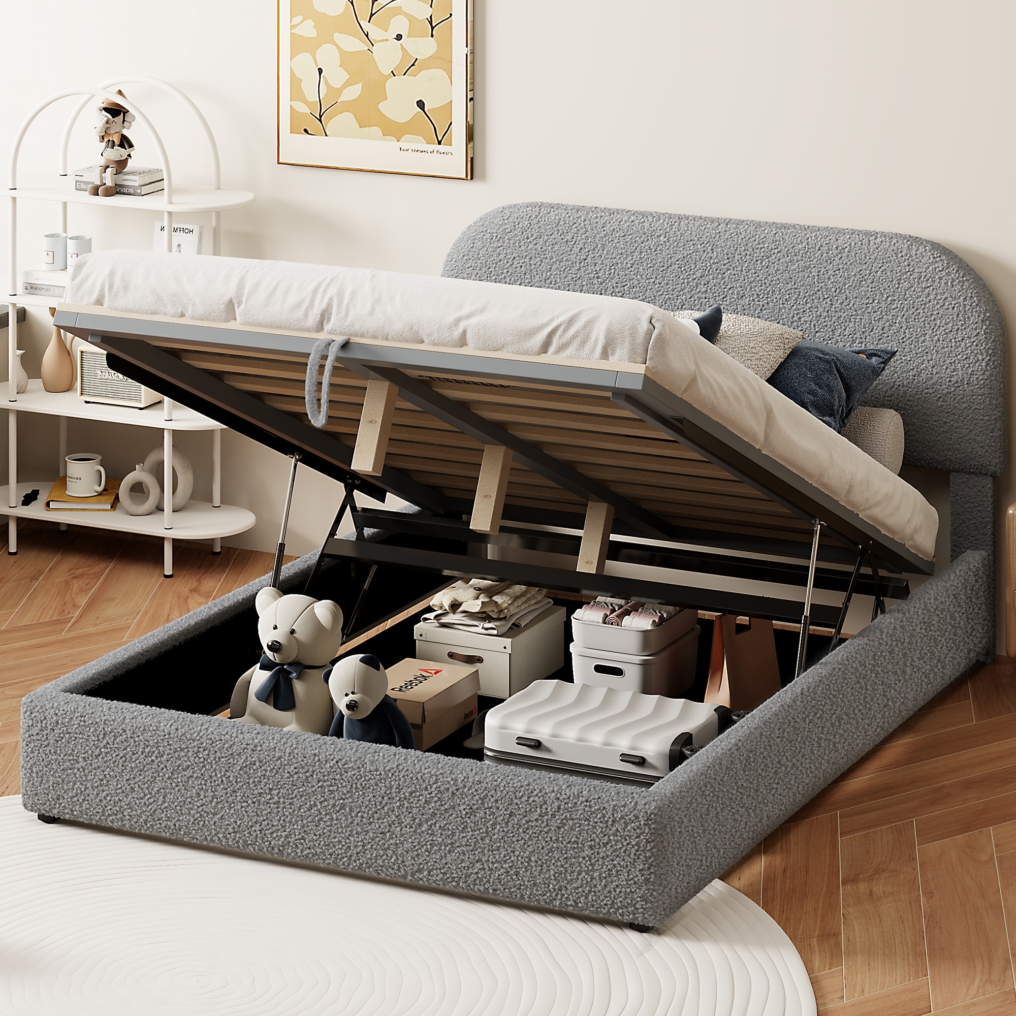 Luxury Teddy Fleece Fabric Bed Frame with Lift Up Storage, Upholstered Platform Bed Frame with Hydraulic Storage System