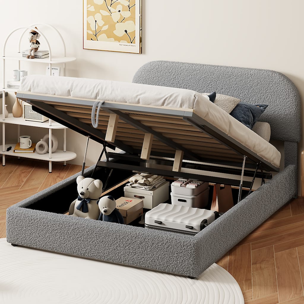 Teddy Fleece Full Platform Bed with Hydraulic Storage System and Elegant Design
