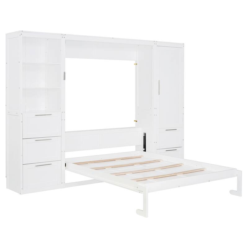 Queen Size Wall Murphy Bed Cabinet, Solid Wood Storage Murphy Cabinet Bed Frame with Drawers, Shelves and Wardrobe