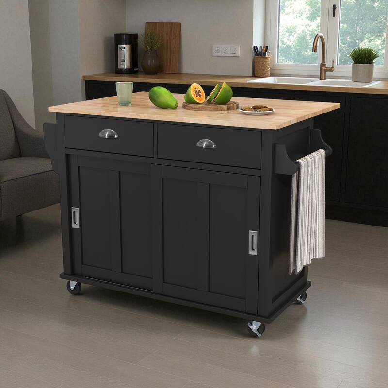 52" Kitchen Island Cart with Rubber Wood Drop Leaf, Hidden Sliding Barn Door, Storage Cabinet & Drawers on Wheels - Black
