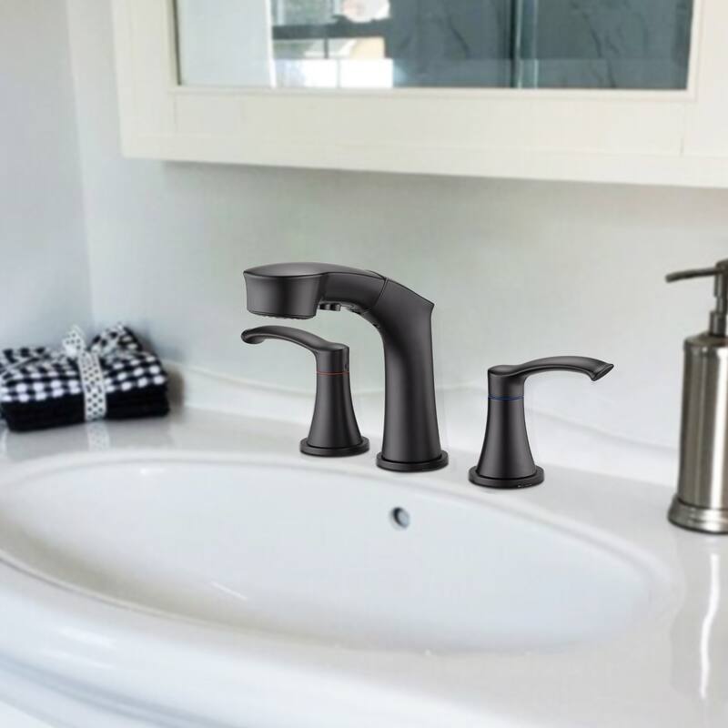 2 Handle Bathroom Sink Faucet with Pull Out Sprayer, Silent Splashback, Rust and Corrosion Resistant, Resists Discoloration - Black