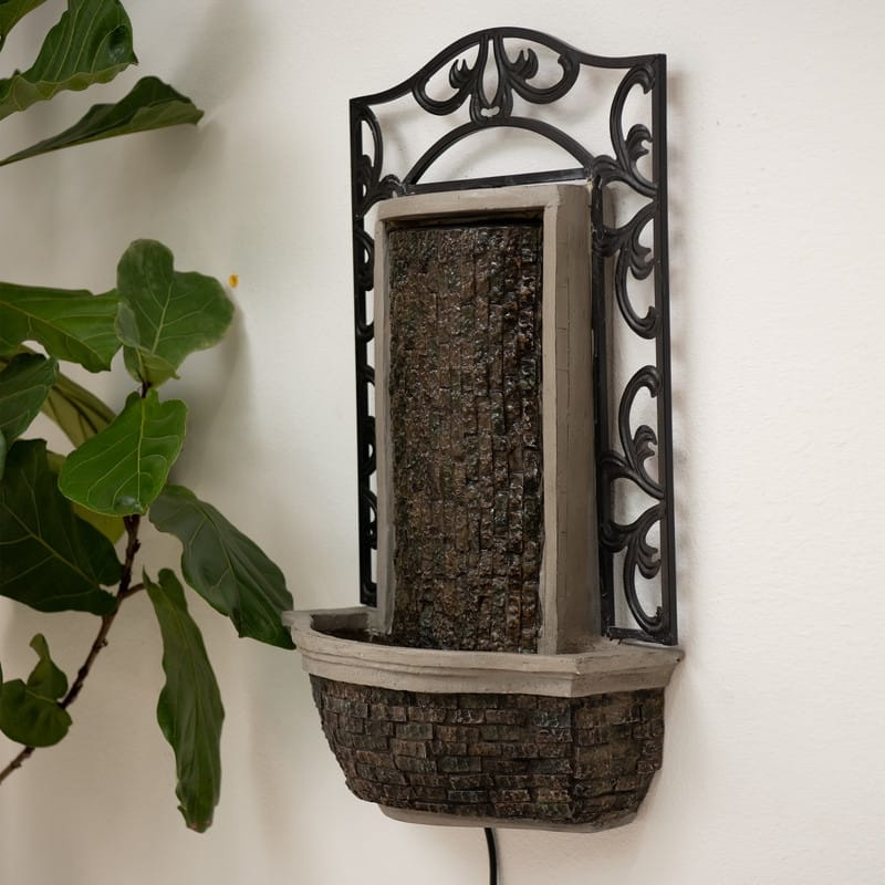 30" Wall Mounted Water Fountain - Indoor Outdoor, Black Stone Finish, Cascading Waterfall Decor
