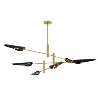 6-Light Brass Iron Chandelier With Smoke Black Tubed Shade