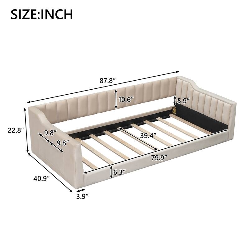 Roomfitters Twin/Full XL Size Upholstered Daybed with Side Storage Pocket and Modern Frame