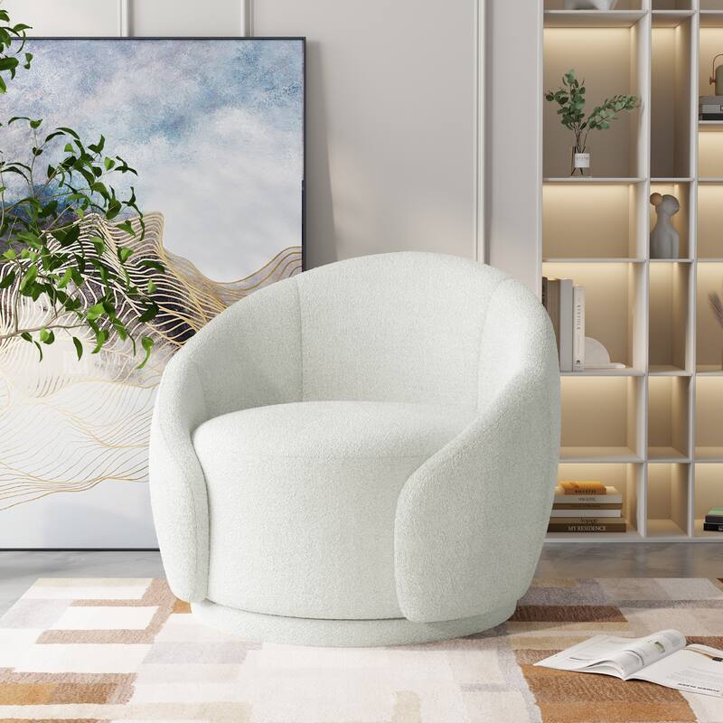 Upholstered Boucle Swivel Barrel Chair - 1 Chair - White-1 Chair
