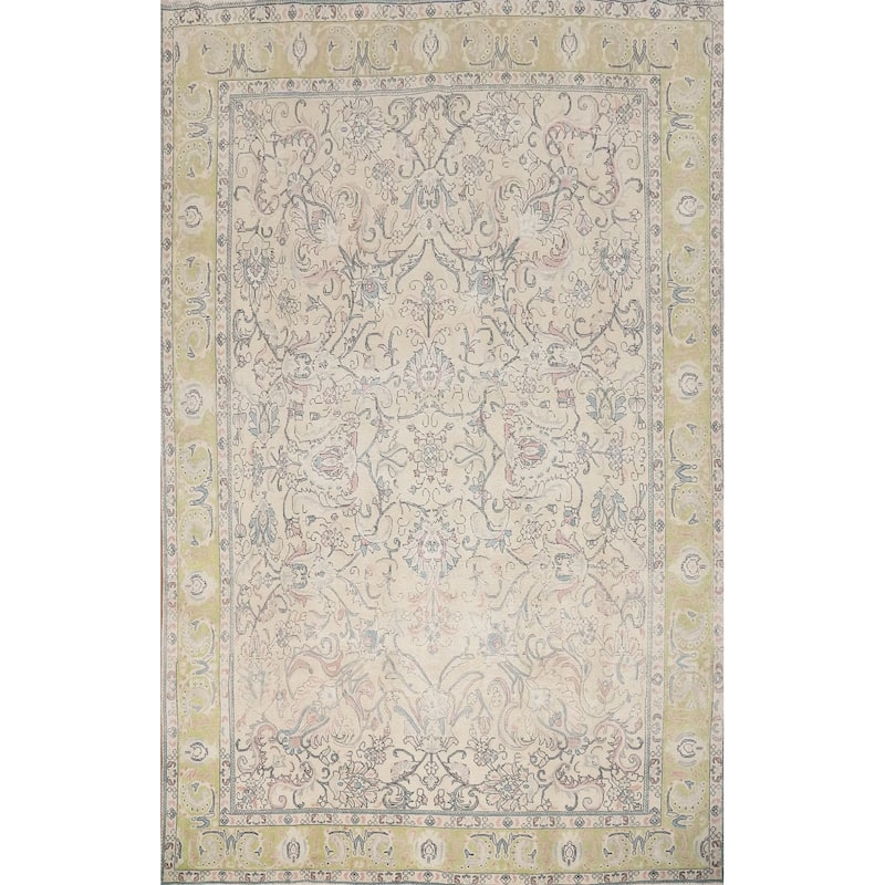 Hand Knotted Oriental 100% Wool Carpet Traditional All-Over Beige & Ivories Tabriz Area Rug - 13' 1'' X 9' 6''