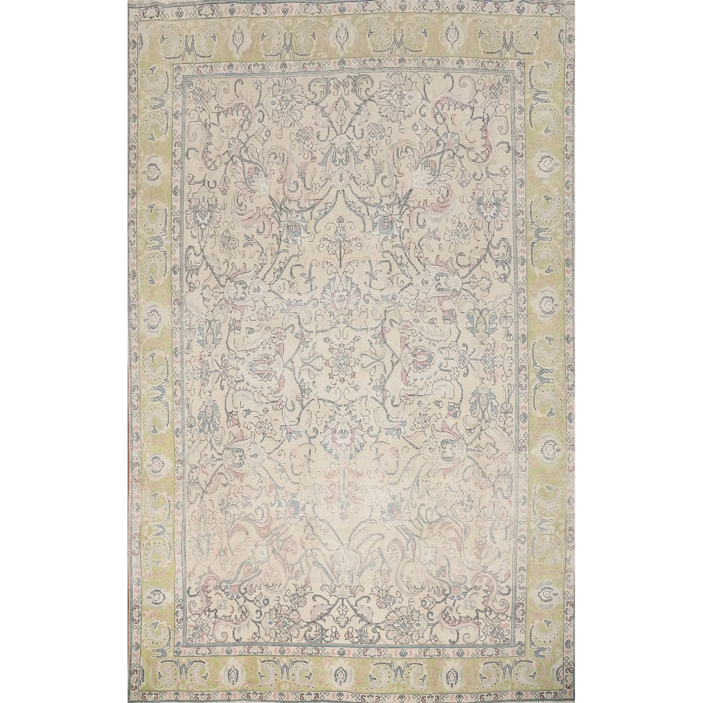 Hand Knotted Oriental 100% Wool Carpet Traditional All-Over Beige & Ivories Tabriz Area Rug - 13' 1'' X 9' 6''