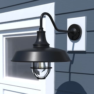 VAXCEL Dorado 16.75 in. H 1-Light Dark Bronze Dusk to Dawn Sensor Farmhouse Outdoor Wall Sconce, Gooseneck with Metal Cage Shade