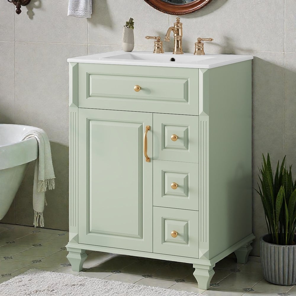 24 Inch Bathroom Vanity with Ceramic Sink, White Freestanding Vanity Cabinet with Flip-Out Drawer and Storage
