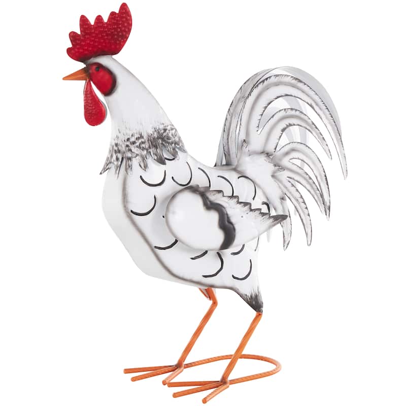 White Metal Rooster Garden Sculpture with Black Texturing and Red Accents