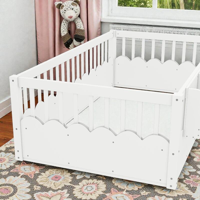 Twin Floor Bed with Heightened Fence and Bookshelf, Wooden Montessori Floor Bed for Kids, Low Profile Design