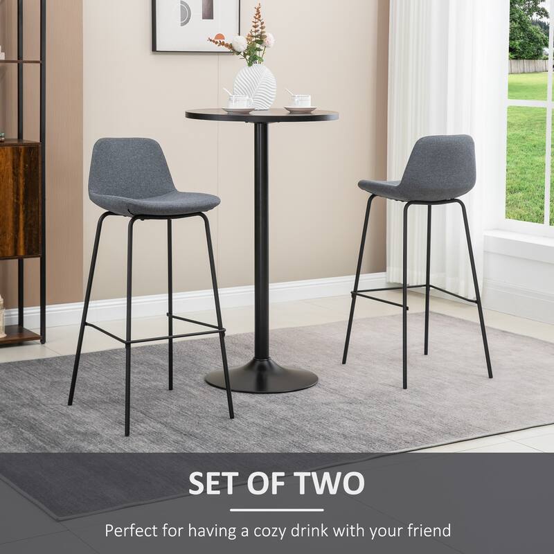 HOMCOM 29.5" Seat Height Bar Stools Set of 2, Upholstered Bar Chairs, Armless Barstools with Back, Steel Legs