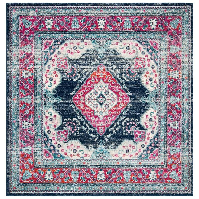 SAFAVIEH, Evoke Seniha Vintage Boho Medallion Rug - 6'7" Square - Navy/Fuchsia