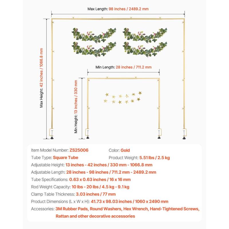 Gold Table Arch Frame with Square Tubes and Clamp-On Adjustable Rod Stand for Party and Event Decor - 41.73” x 98.03”