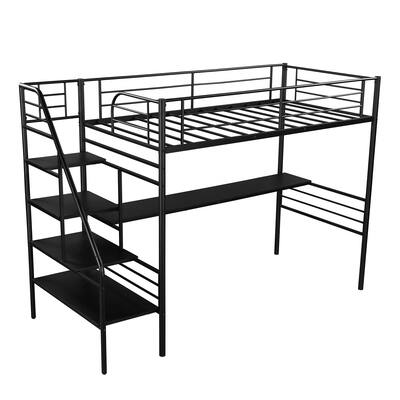 Twin Black Metal Loft Bed Frame with Desk, No Box Spring Needed