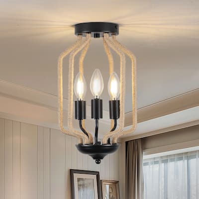 Rustic 3 - Light E12 Flush Mount Ceiling Light, Black Metal & Hemp Rope Cage Fixture - Matte Black