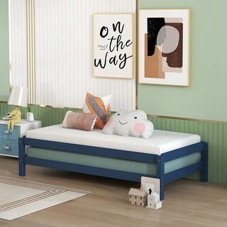 Twin Size Two Solid Platform Stackable Single beds with Wood Slats,Space saving