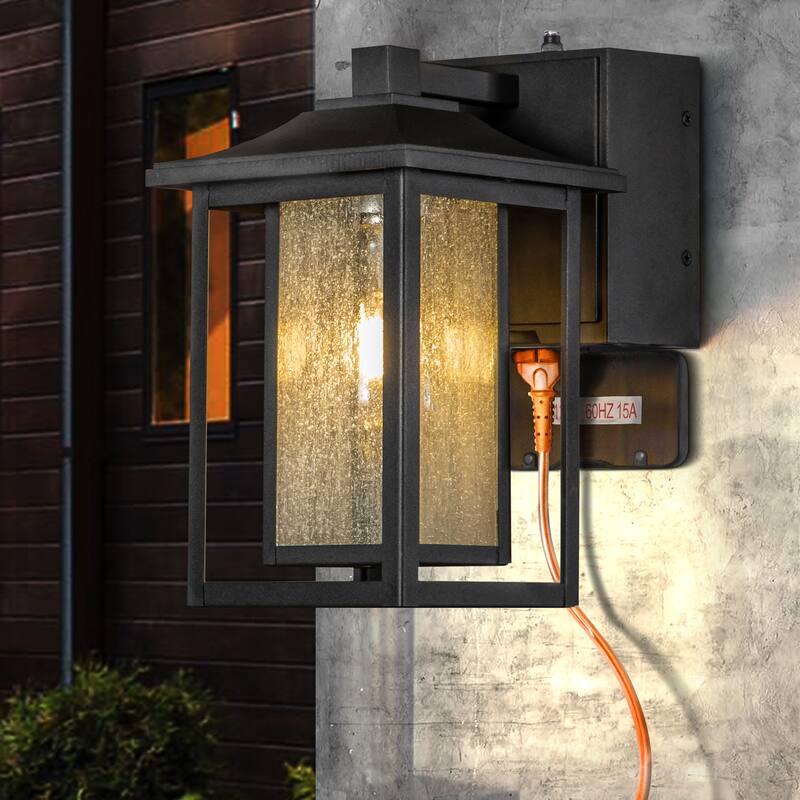 1 Light Black Dusk to Dawn Sensor Glass Outdoor Wall Sconces Built-in GFCI Outlets - W 6.3"