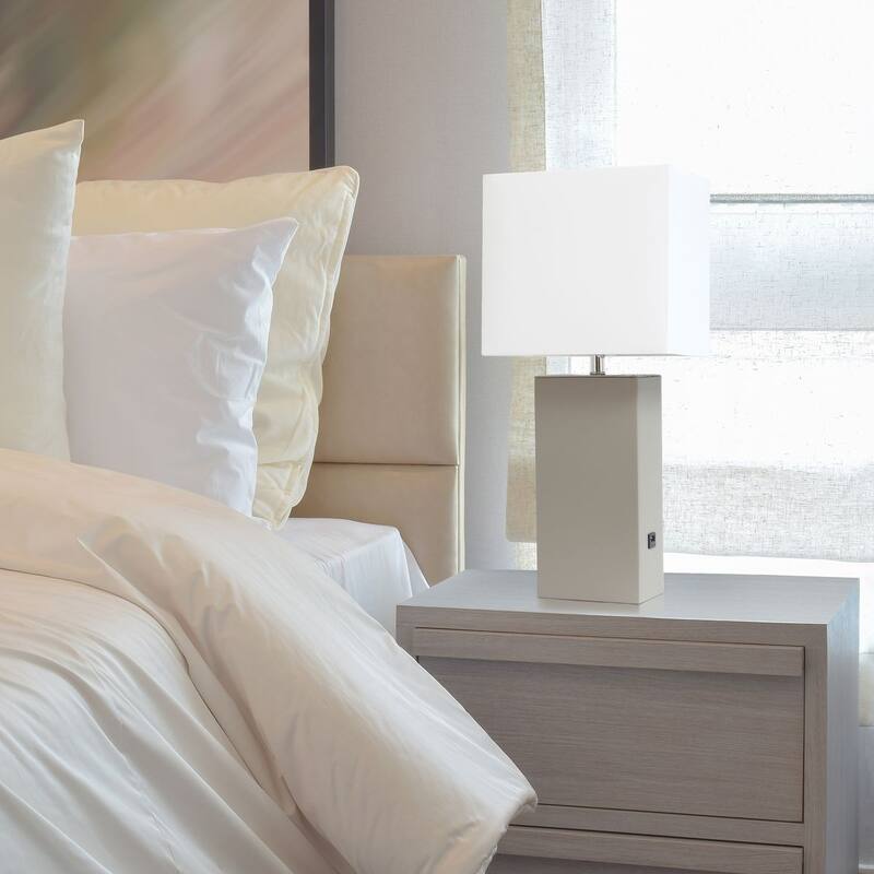 Modern Leather Table Lamp with USB and White Fabric Shade