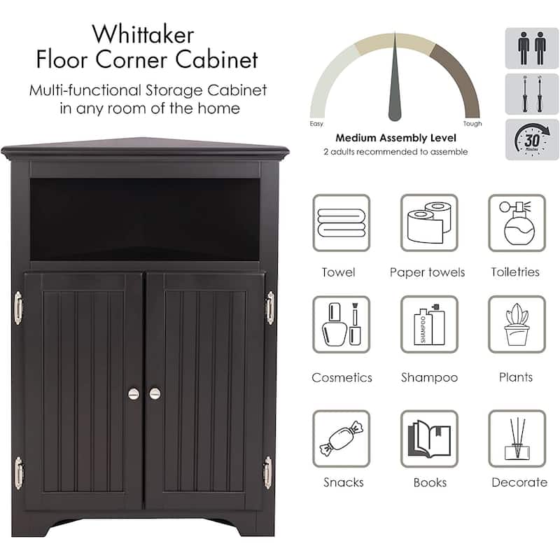 UTEX Corner Free Storage Cabinet, Bathroom Floor Corner Cabinet with Doors and Shelves for Bathroom, Kitchen, Living Room, White