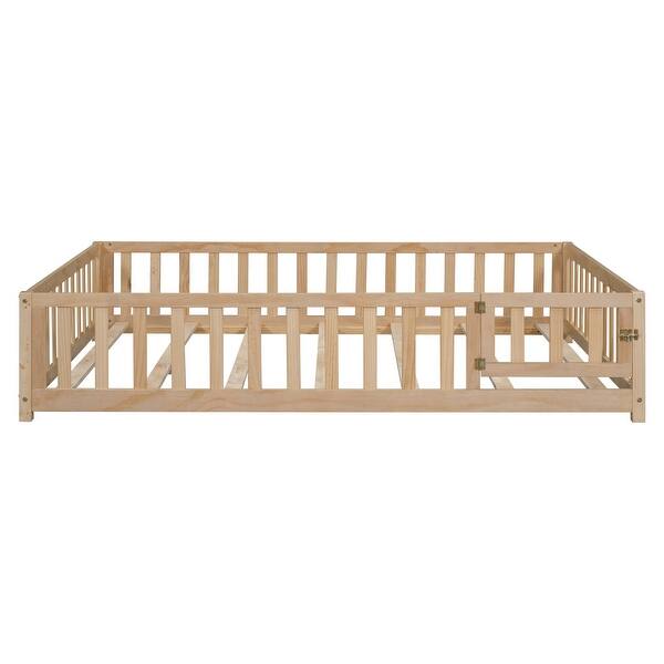 slide 2 of 23, Full Floor Bed with Fence and Door, Sturdy Pine Wood Frame Natural