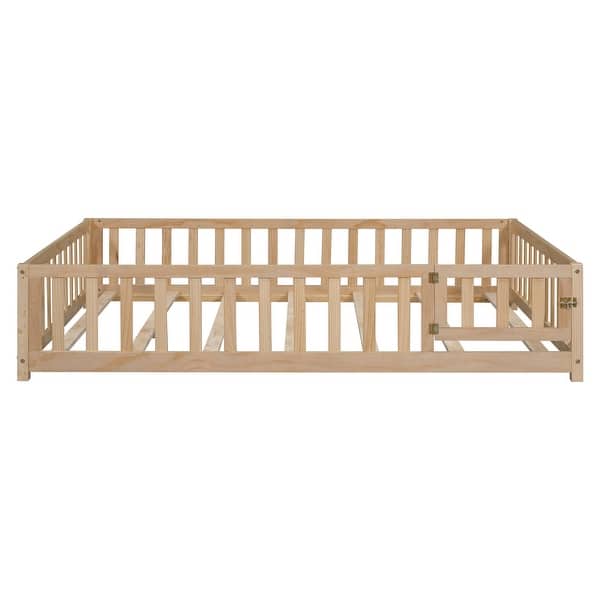 slide 2 of 8, Natural Full Platform Bed with Fence & Door - Montessori Toddler Bed Natural - Full