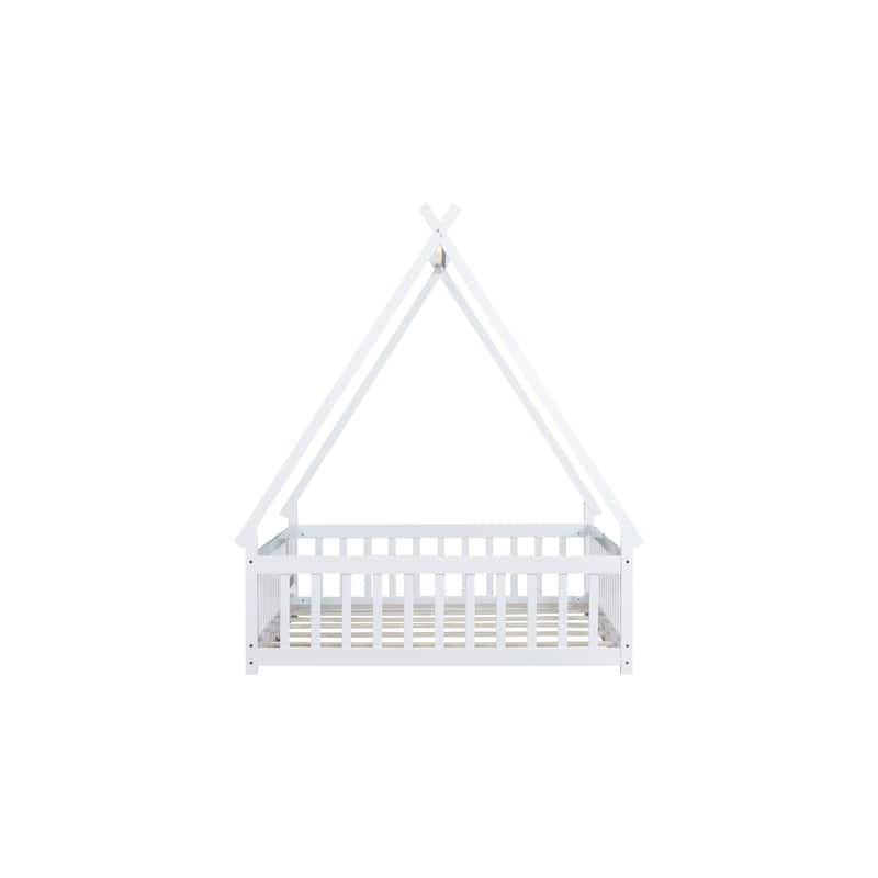 Roomfitters Twin/Full Tent-Shaped Floor Bed with Teepee Frame, Rubber Wood Platform with Guardrails, Slats and Door