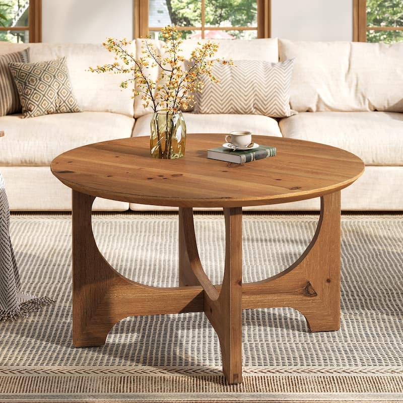 Solid Wood Coffee Table, Farmhouse Round Center Table for Living Room