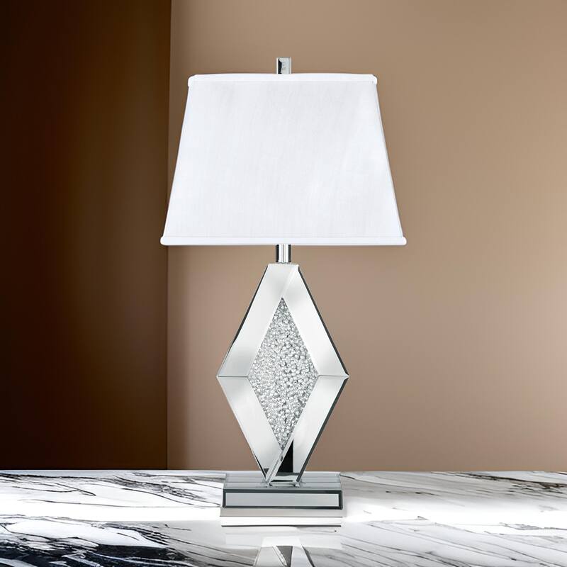 30 Inch Table Lamp, Mirrored Crystal Accent Geometric Base, Chrome, White