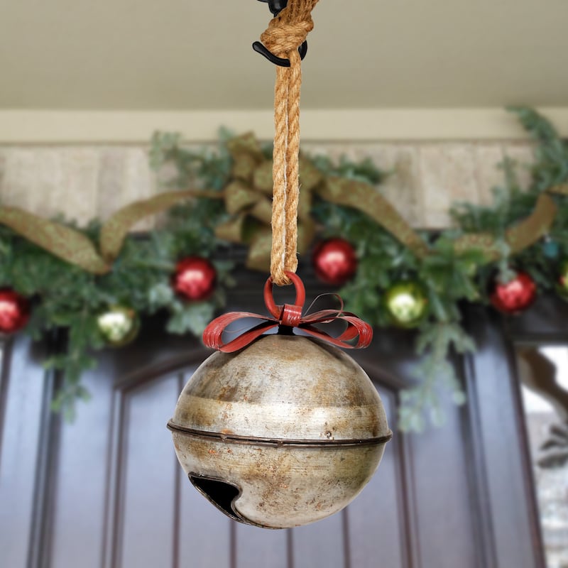 Christmas Metal Silver Bell with Red Bow Hanging Decor- Large