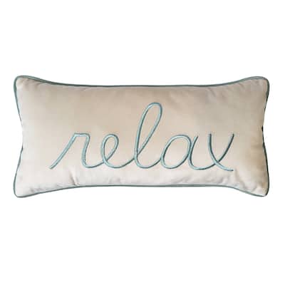 Edie At Home 'Relax' Embroidered Typography Decorative Pillow 8x16 Cream/Blue