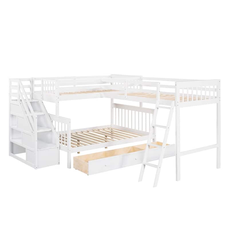 Merax Twin over Full L-Shaped Bunk Bed With 3 Drawers, Ladder and Staircase