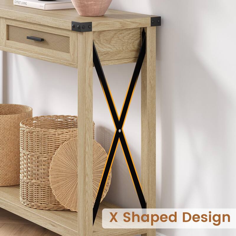 Console Table with Rattan Drawers, Farmhouse Sofa Table