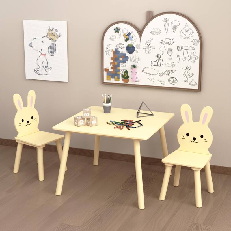 Anmytek Toddler 3-Piece Wooden Table and Chair Set Kids Activity Desk with Animal Backrest for Playroom Nursery