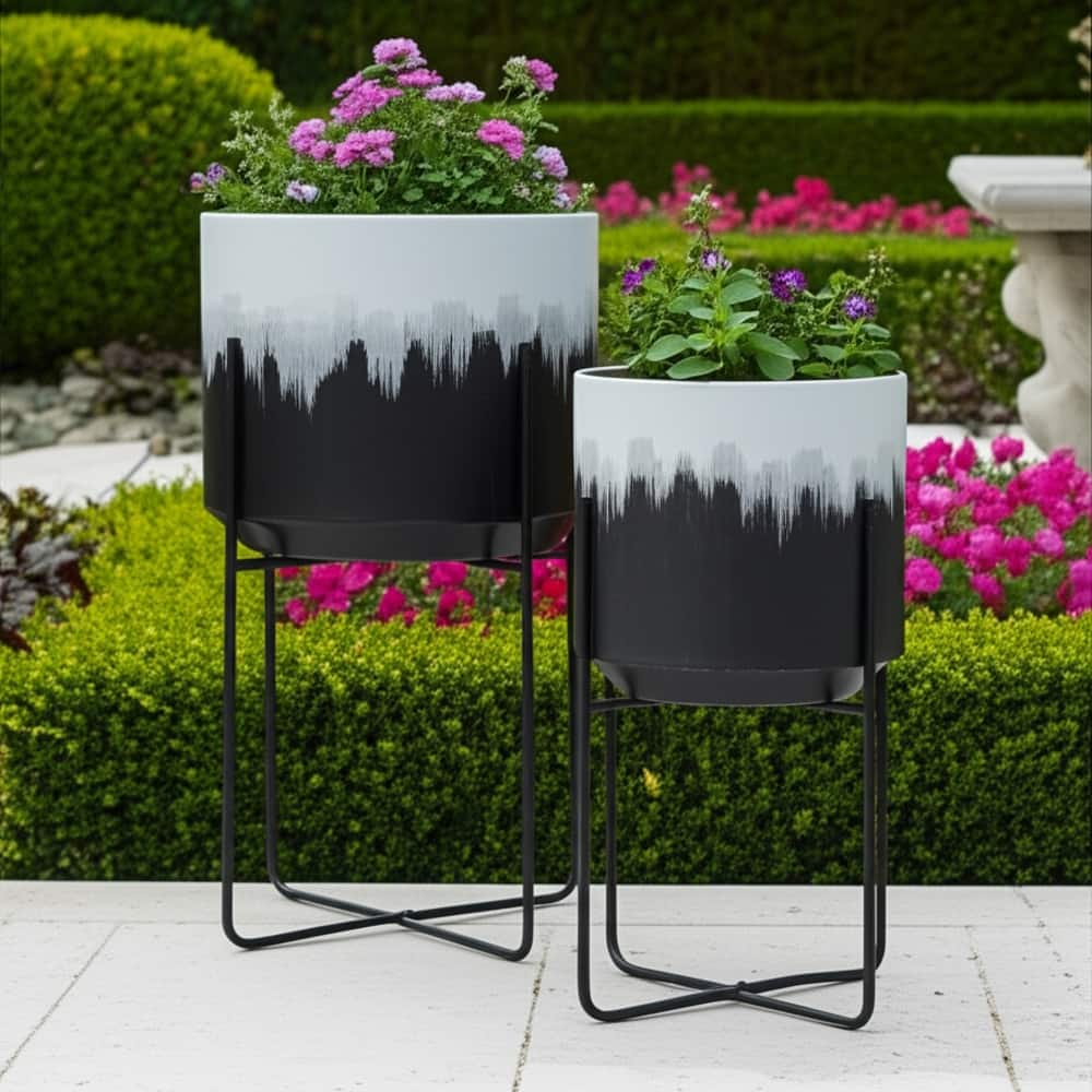 Metal Planters Sleek Modern Stands Decorative Accent Design (Set of 2)