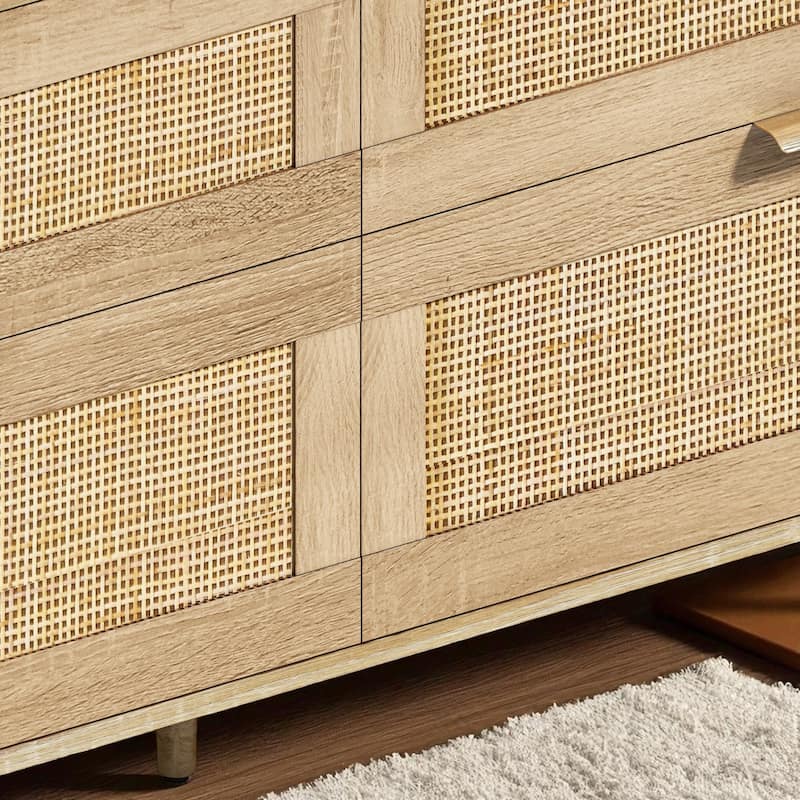 Rattan Dresser with 6 Drawers, Wide Chest of Drawers Storage Cabinet with Metal Handles and Wood Legs for Bedroom and Hallway