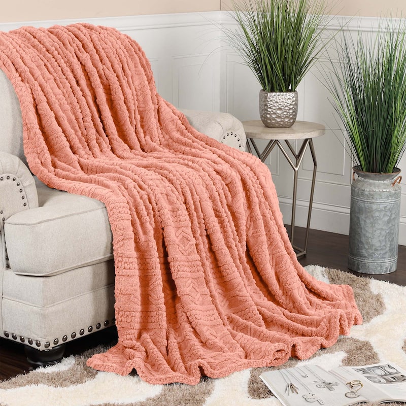 Superior Arctic Boho Jacquard Plush Fluffy Fleece Blanket - Throw - Blush