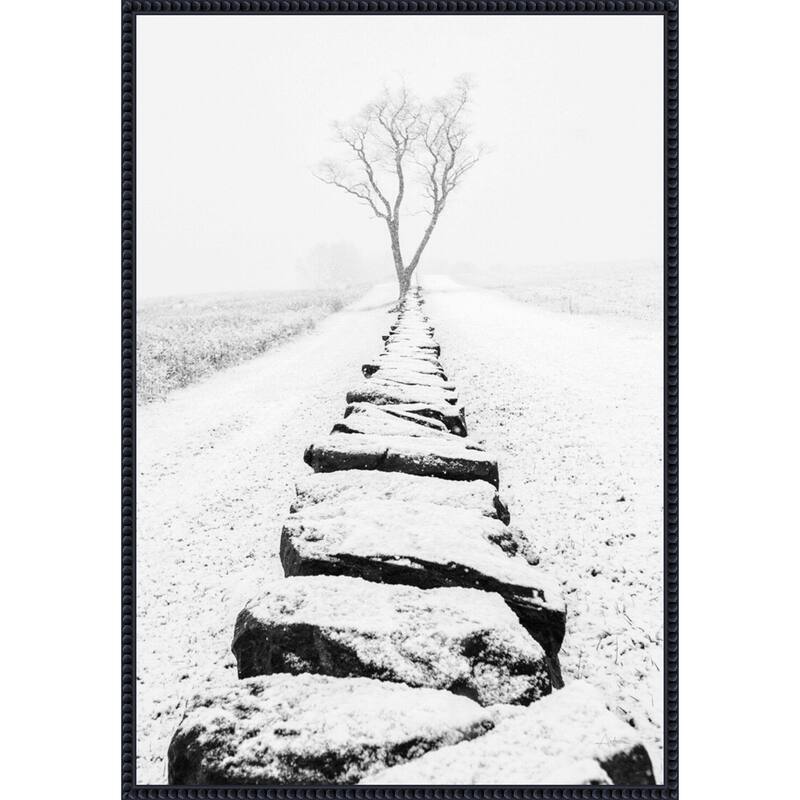 Snowy Stone Wall by Aledanda (23 x 33 in.), Framed Canvas Wall Art Print - Sylvie Beaded Black