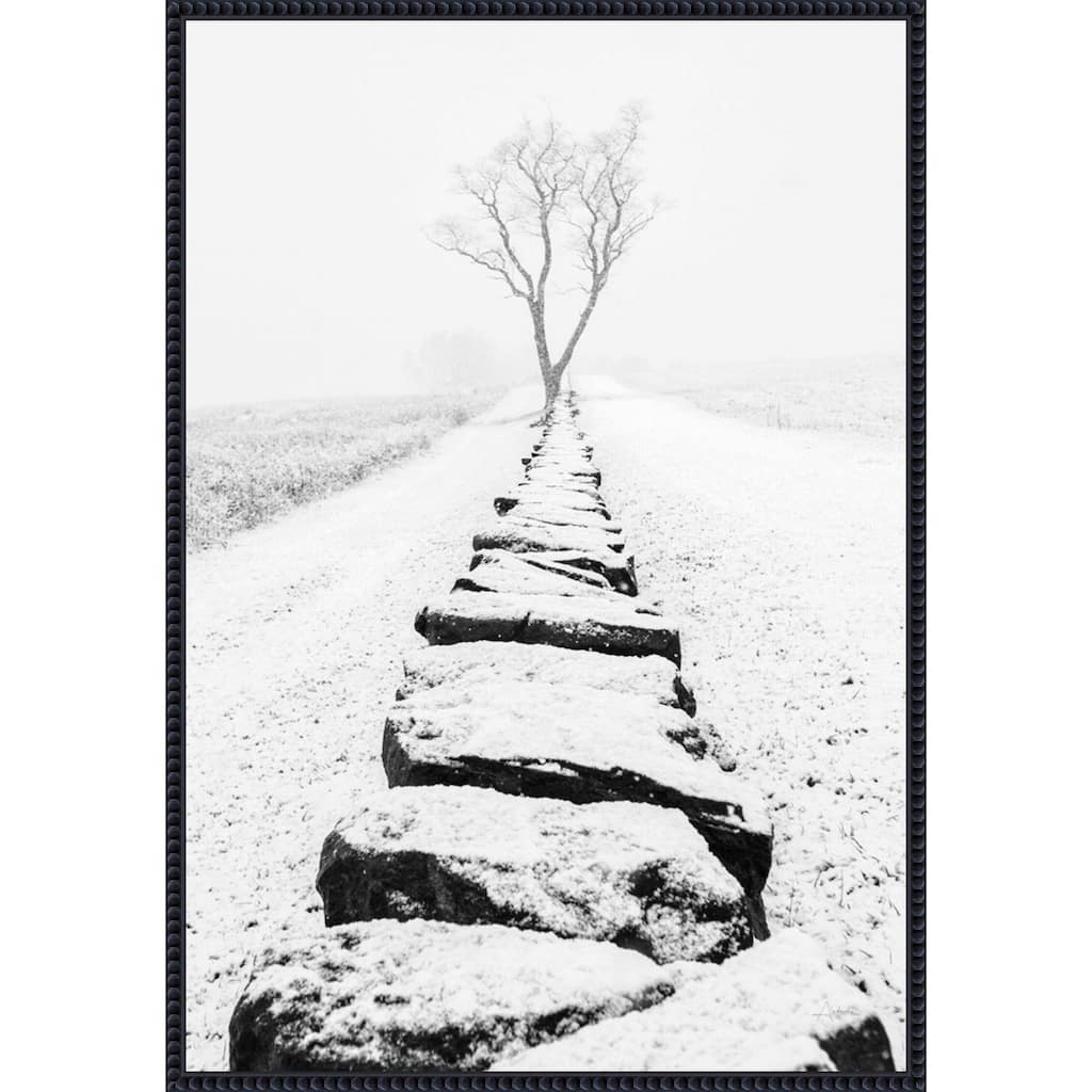 Snowy Stone Wall by Aledanda (23 x 33 in.), Framed Canvas Wall Art Print - Sylvie Beaded Black
